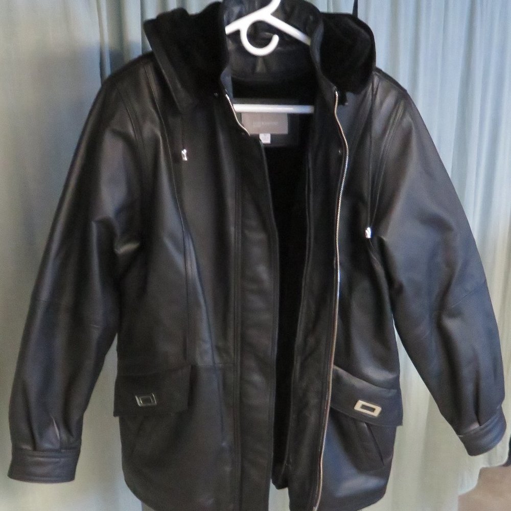Croft & Barrow Women's Black Leather Coat size M.  Zip-up, hooded.